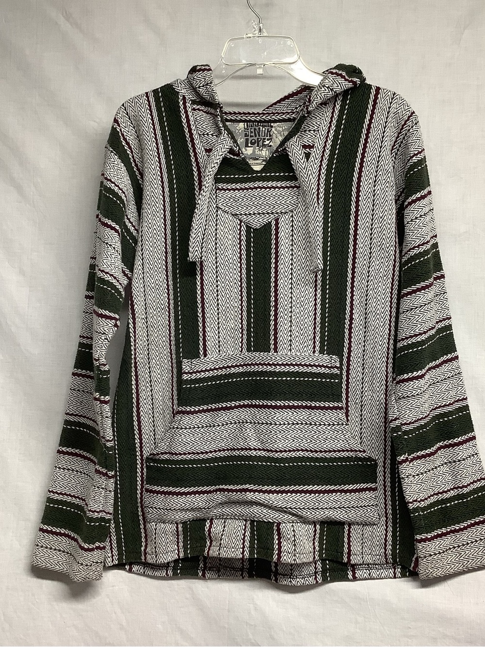 Senor Lopez Mexican Baja Hoodie Men’s Olive & White Striped Baja jacket Sz XL